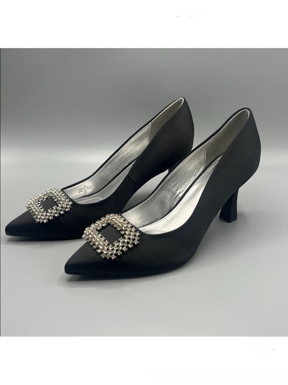 Nine West Black Satin Heels with Rhinestone Embellishment